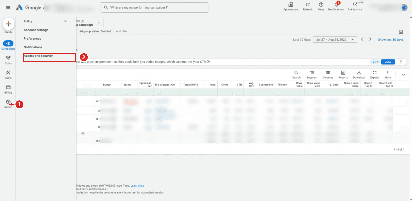 תפריט Admin פתוח ב-Google Ads, עם החץ על Admin ומסגרת סביב Access and security