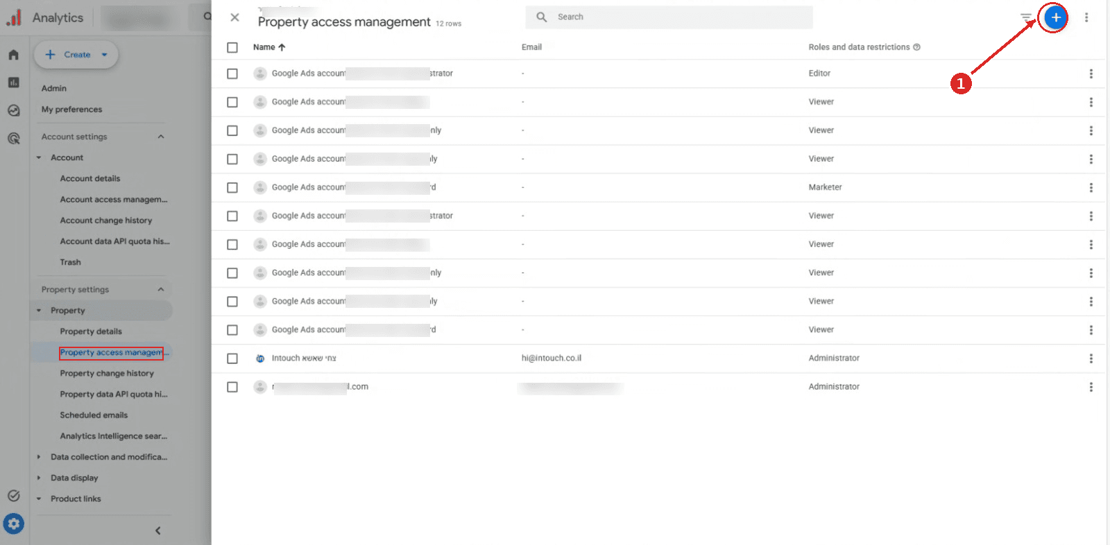 מסך Property access management עם כפתור + מסומן בפינה העליונה